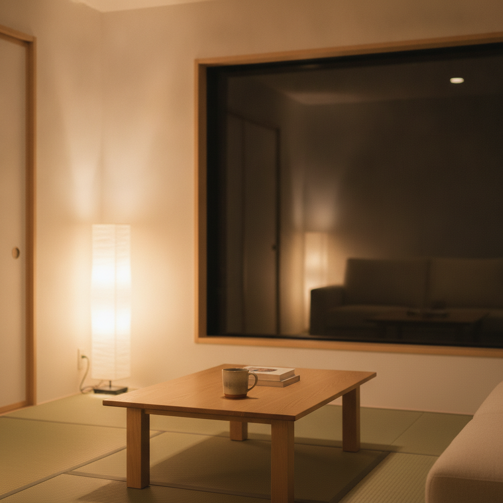 やわらかな灯りに包まれた、夜の静かなリビング