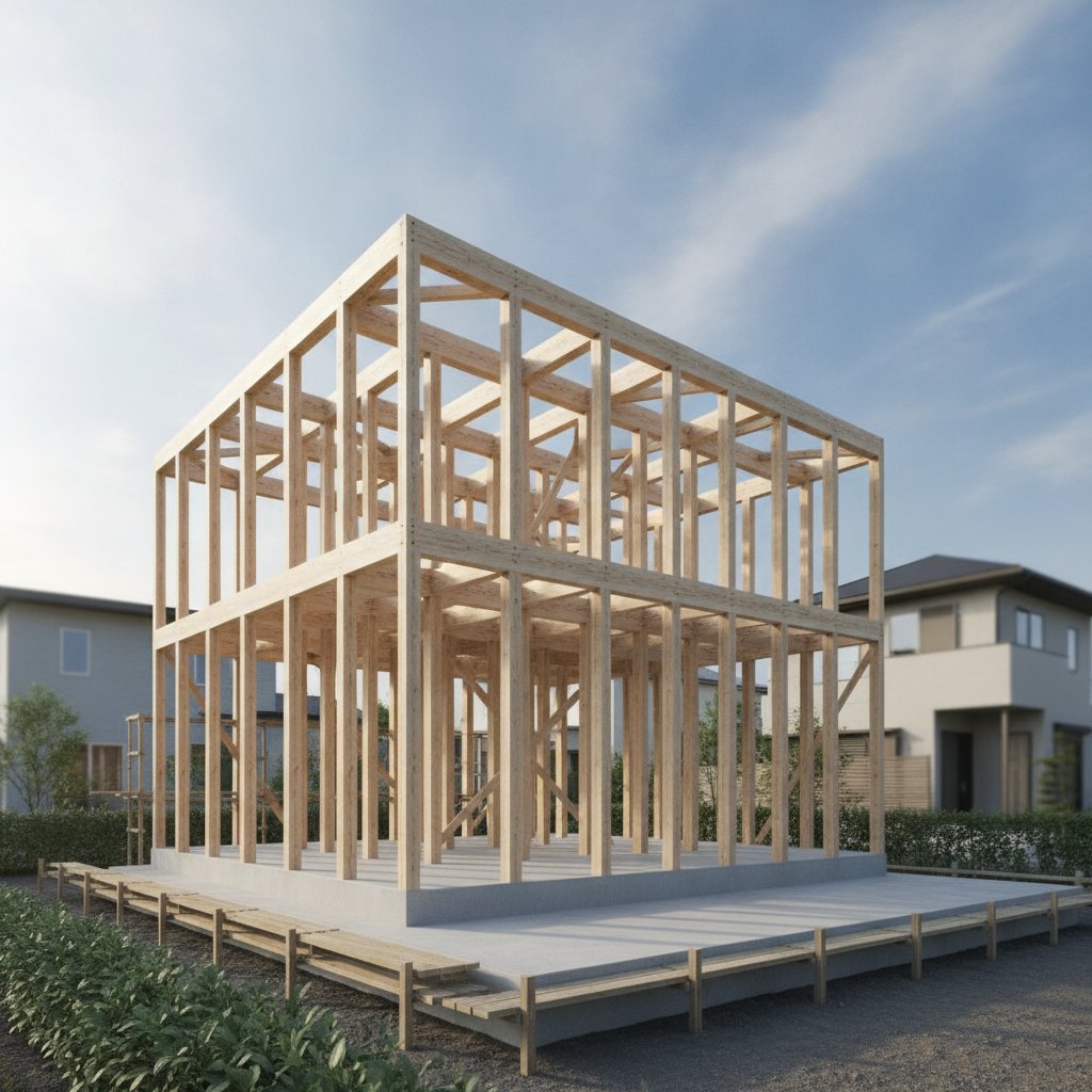 上棟を終えたばかりの木造住宅の骨組みと、青空が見える建築現場