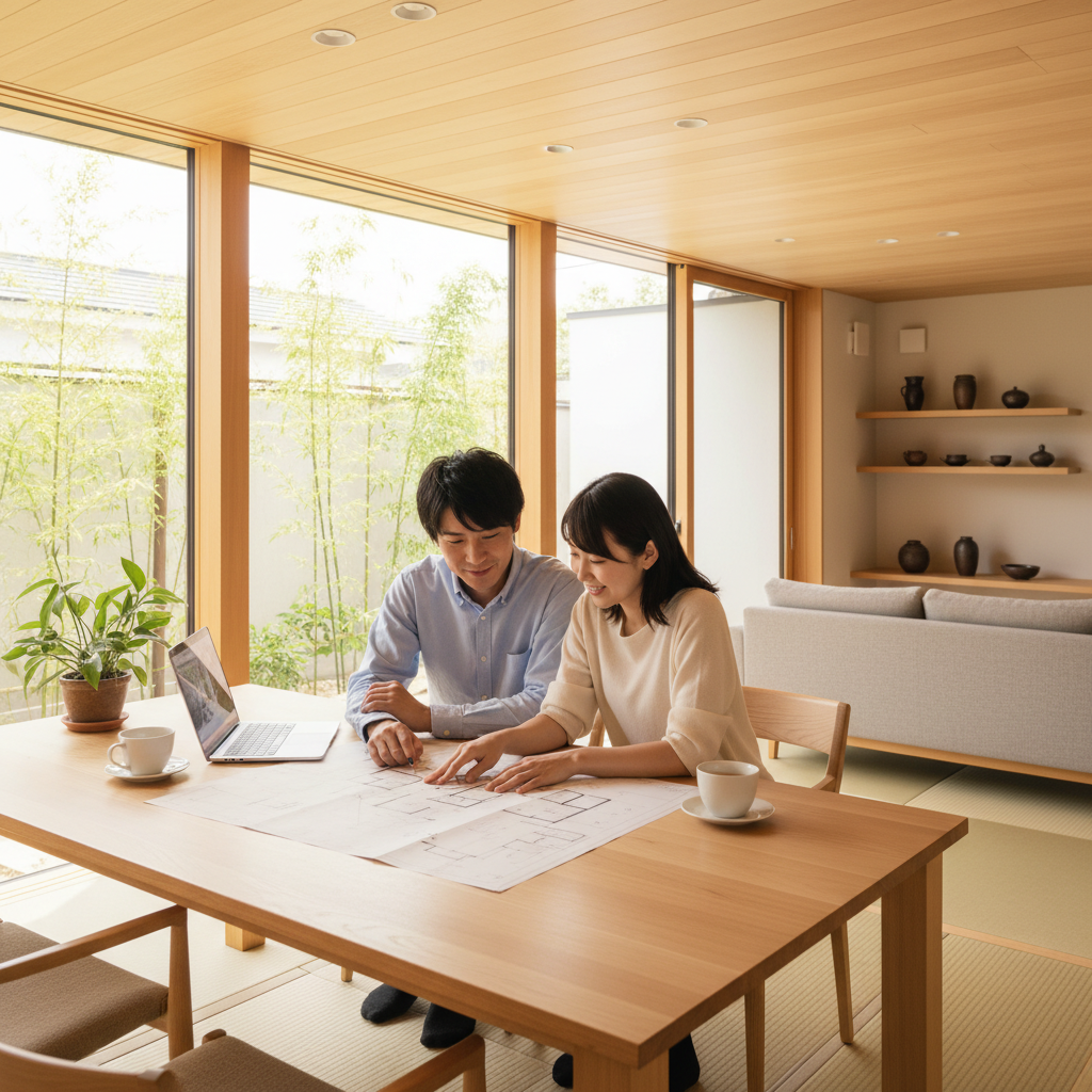 家の間取り図を見ながら話し合う夫婦