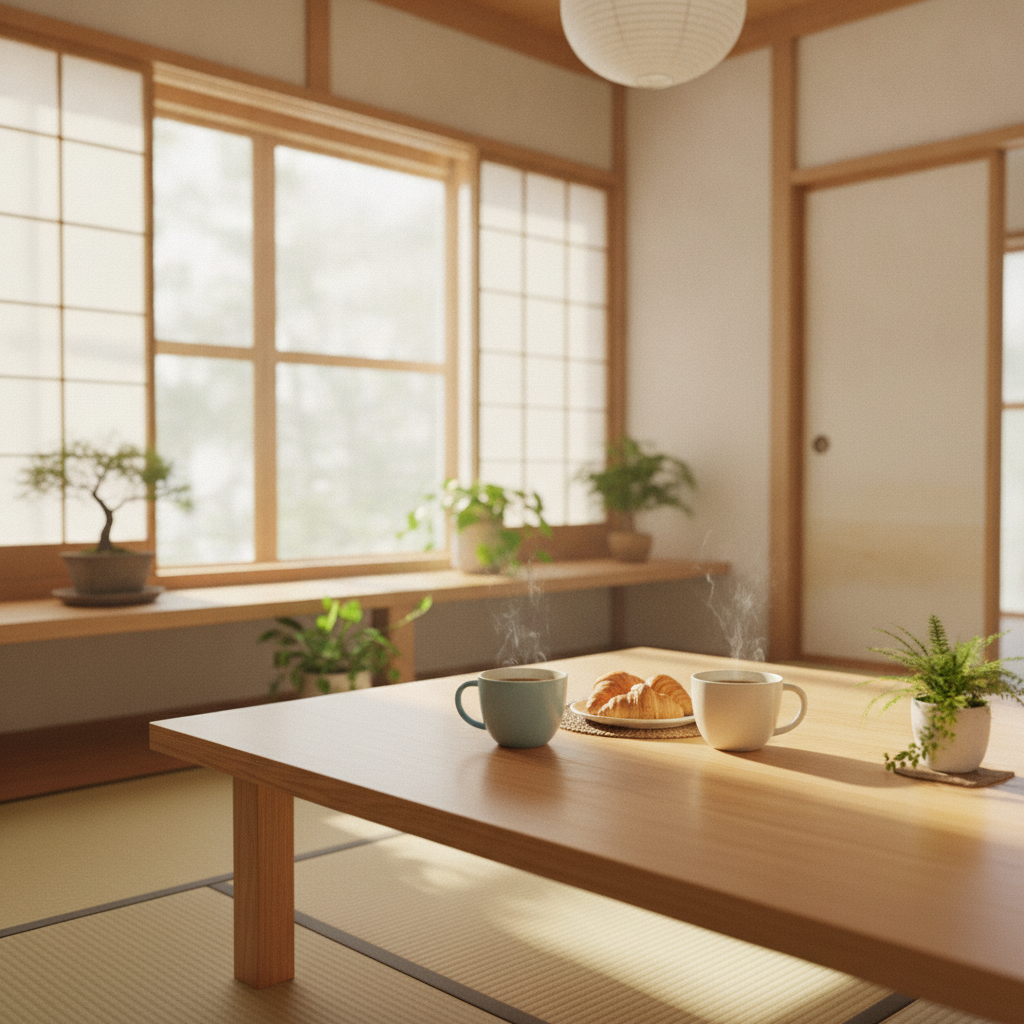 朝の光が差し込むダイニングで穏やかに過ごす夫婦の住まい