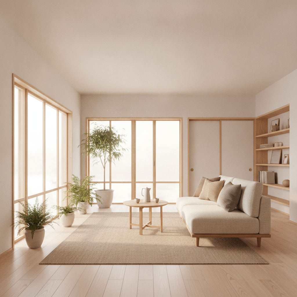 やわらかな自然光が差し込む省エネ住宅のリビング