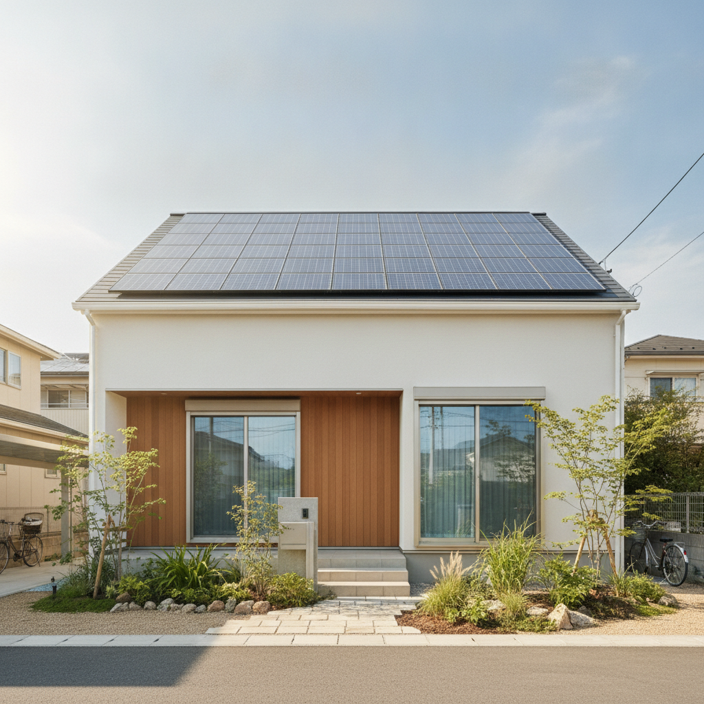 太陽光パネルを載せた明るい省エネ住宅の外観