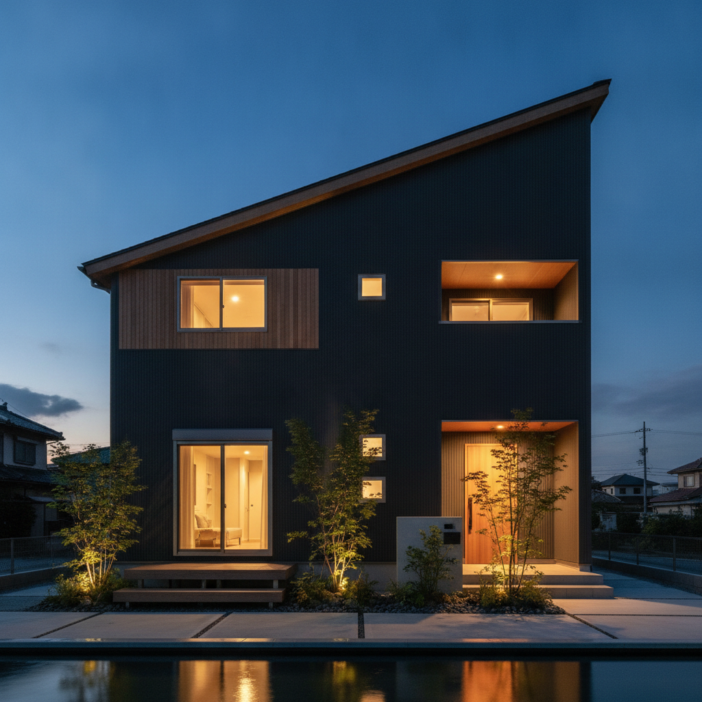 夕暮れにあかりが灯る2階建て住宅の外観