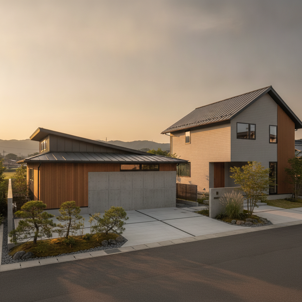 平屋と2階建ての住宅が並ぶ住宅街の風景