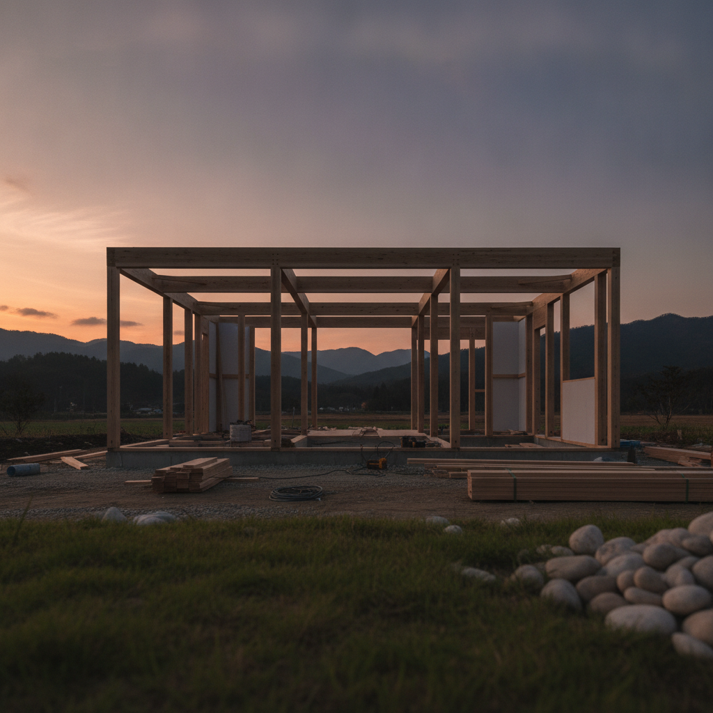 夕暮れの空を背景に建ち上がった、上棟したばかりの木造の家