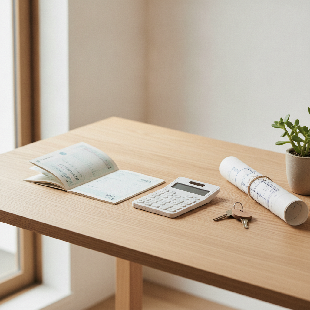 明るい部屋の木のテーブルに置かれた通帳と電卓、間取り図と家の鍵