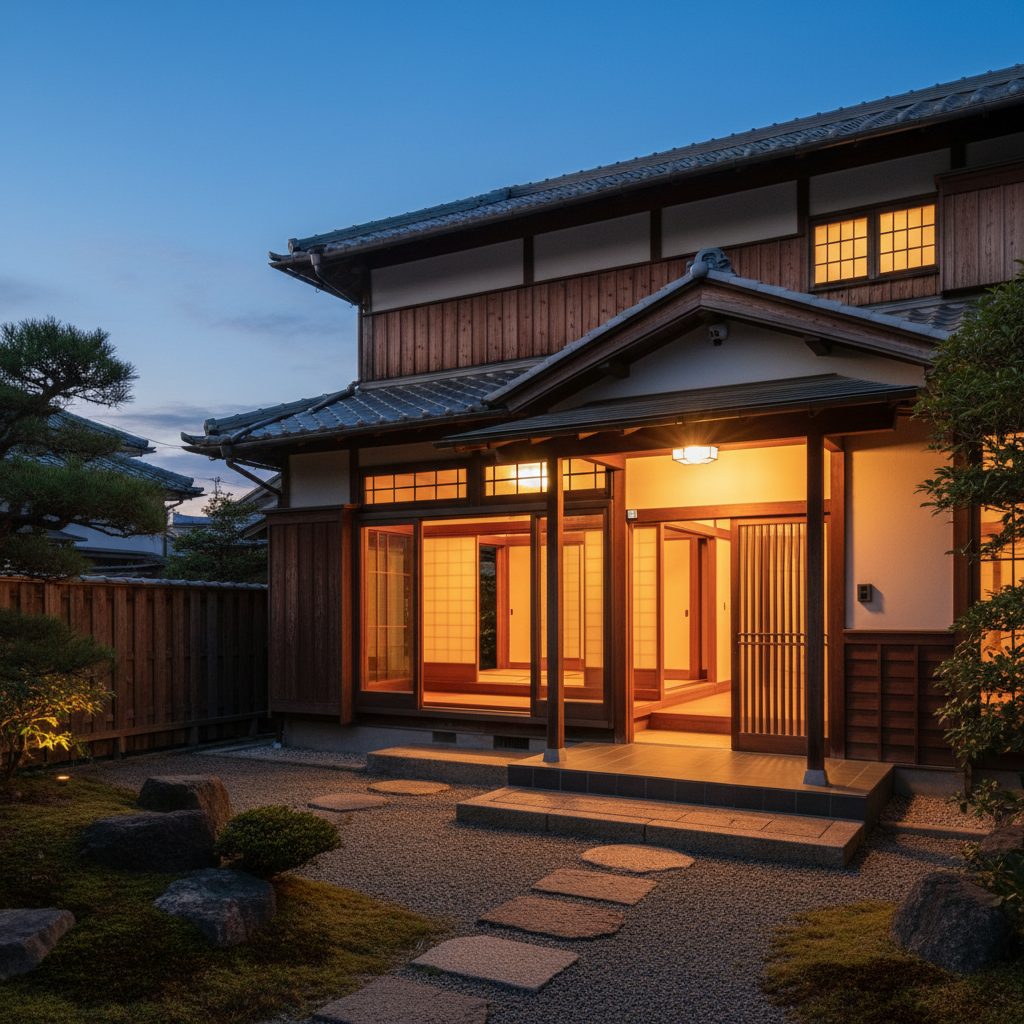 夕暮れに玄関灯と窓の明かりが灯る、安心感のある家の風景