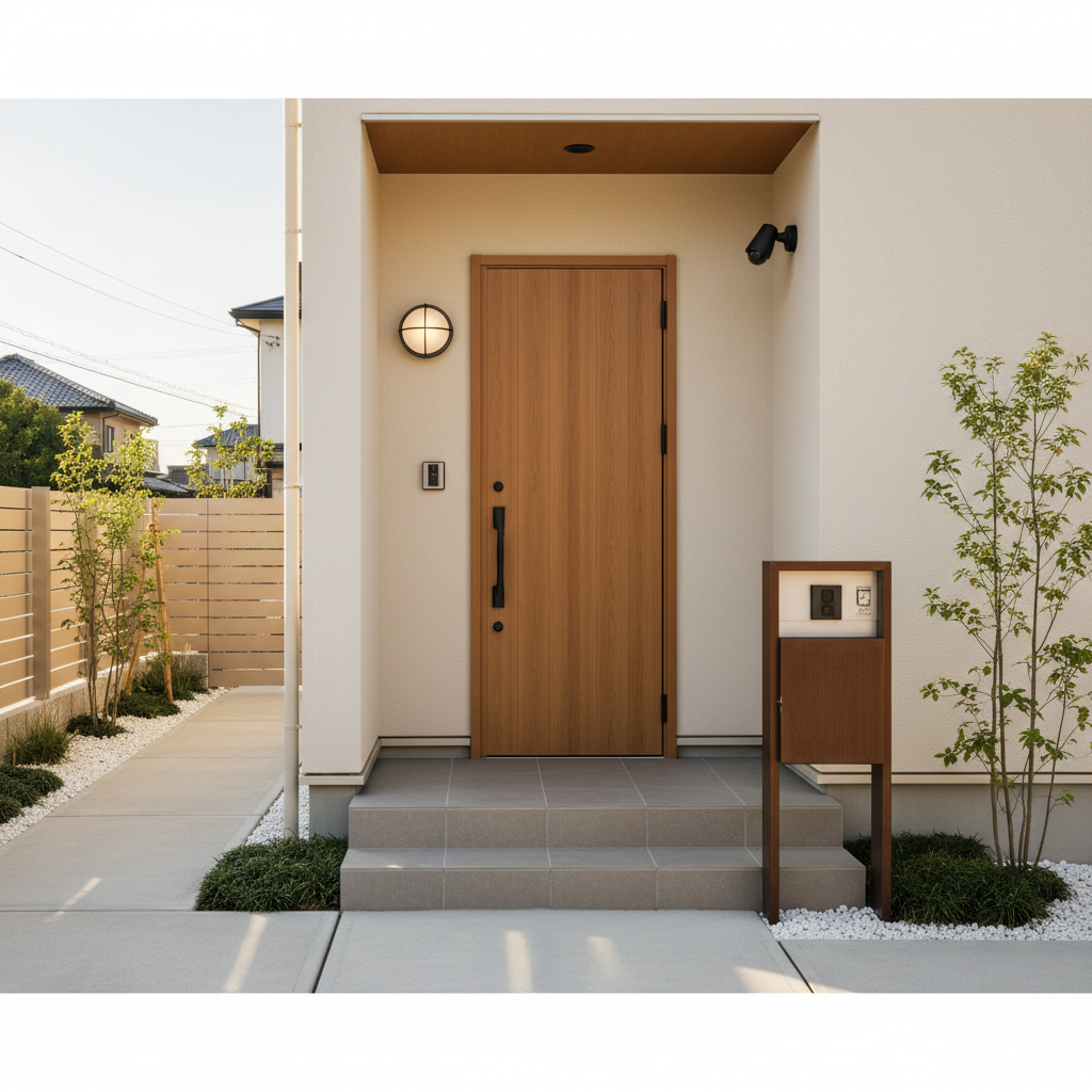 センサーライトと宅配ボックスが整った戸建て玄関まわりのイメージ