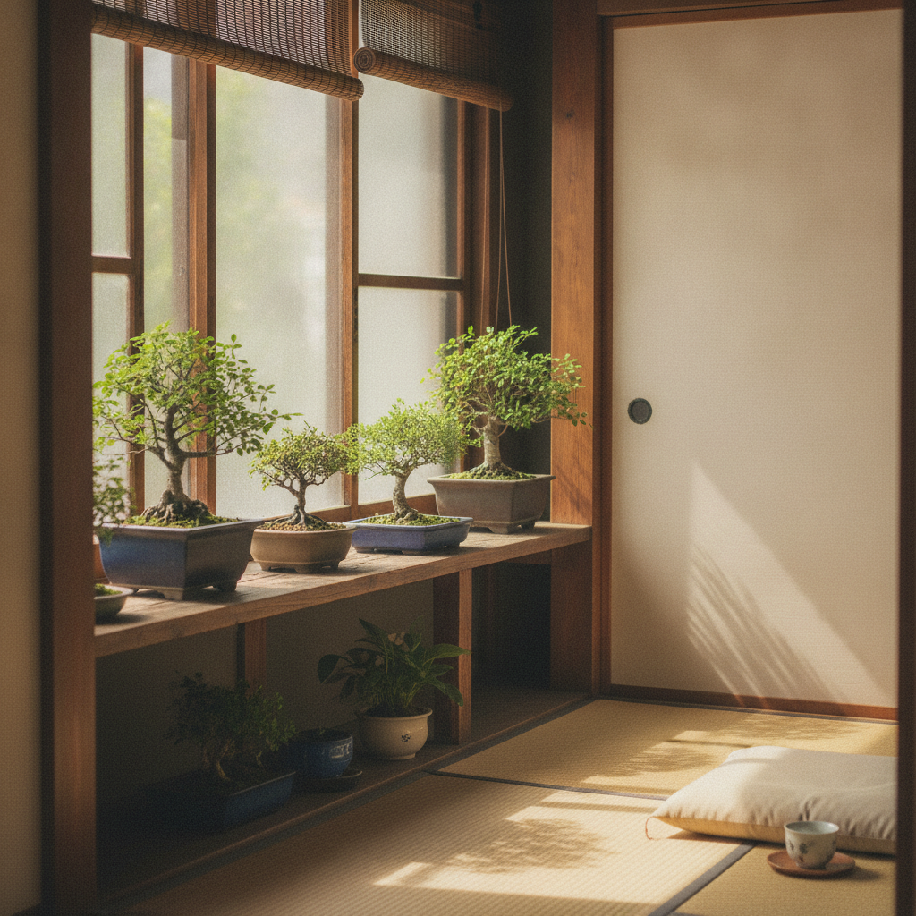 窓辺に観葉植物の置かれた穏やかな住まいの一角