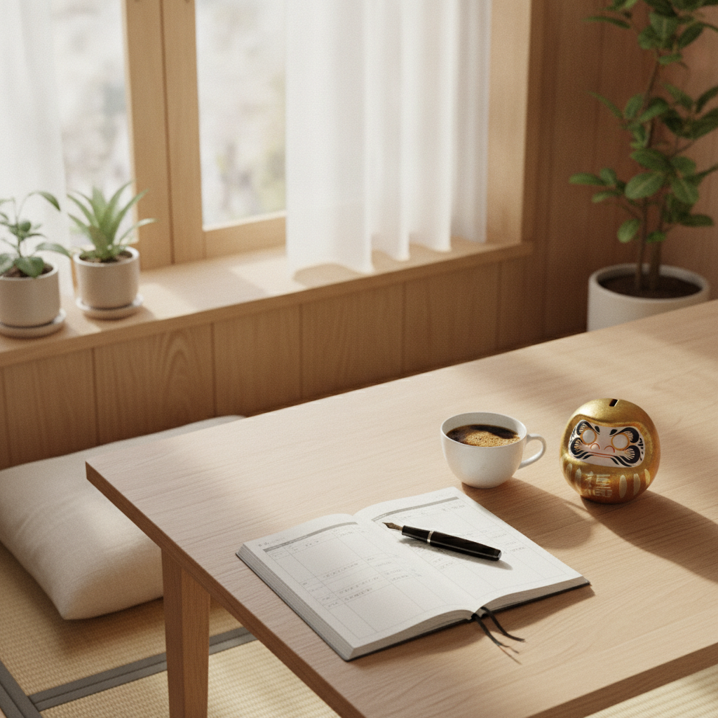 家計簿とコーヒーを前に予算を考える明るいダイニング