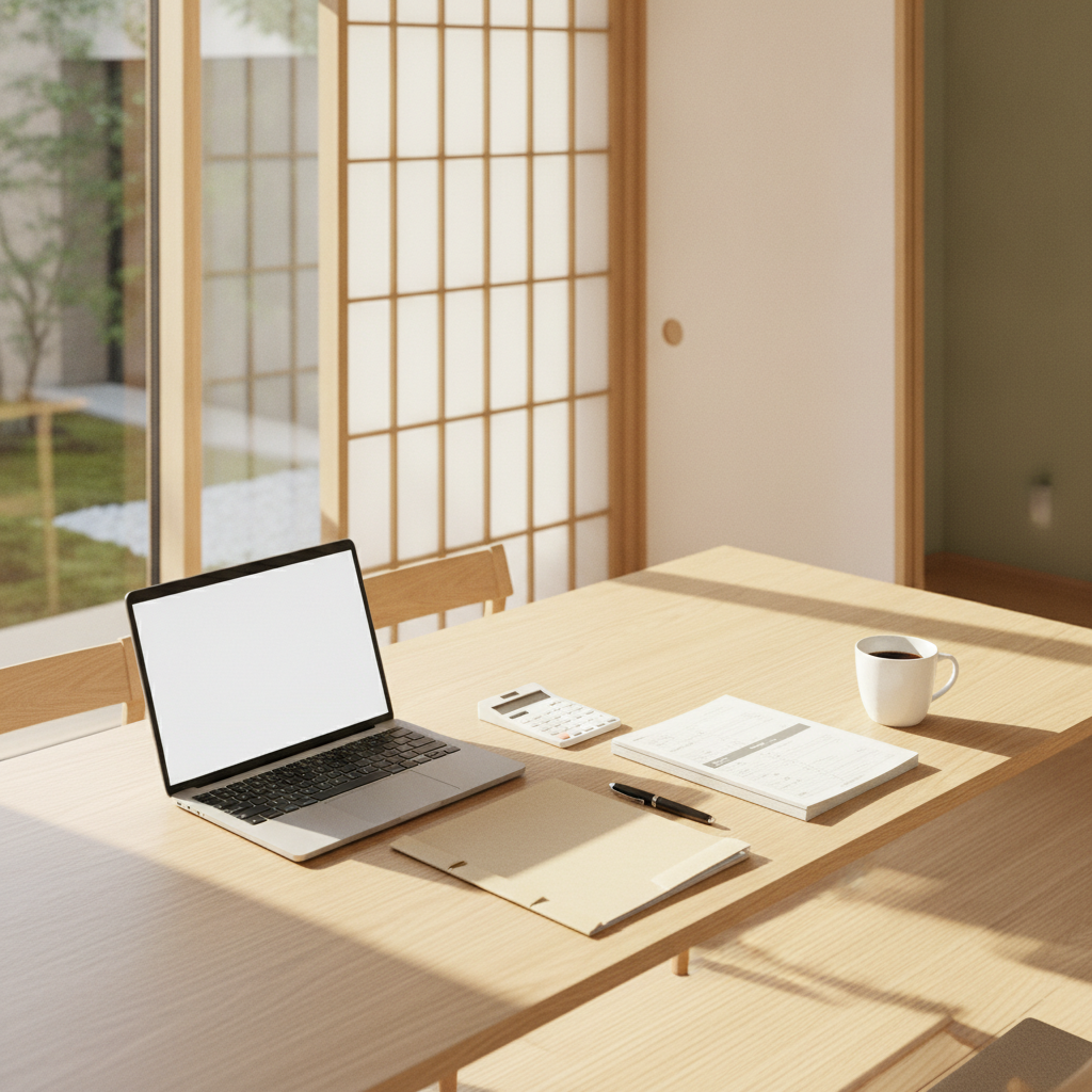 明るいダイニングテーブルに置かれたノートパソコンと書類、電卓