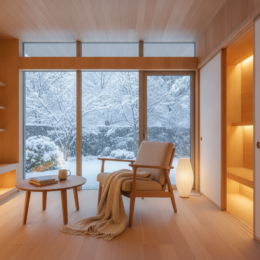 雪の降る寒い日でも暖かく過ごせる高断熱住宅の室内