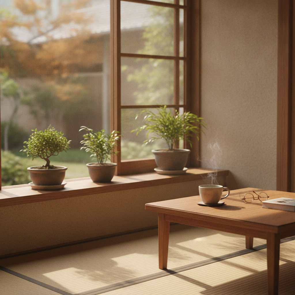 窓辺に植物が並ぶ穏やかな住まいでお茶を楽しむ落ち着いた時間