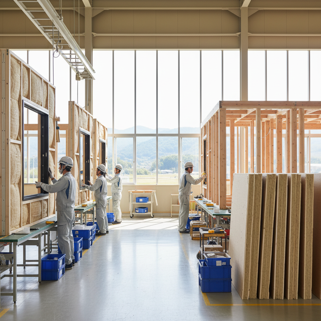 住宅部材を製造する明るい工場内部