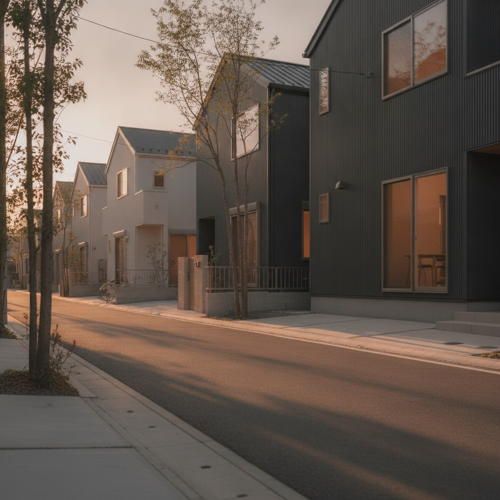 夕暮れの光に包まれた、落ち着いた住宅街の家並み