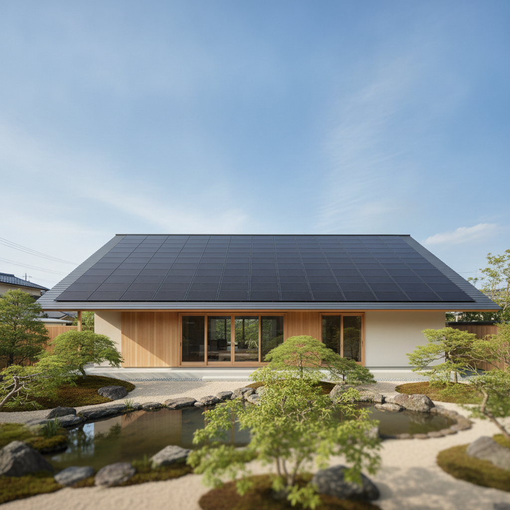 屋根一面に太陽光パネルを載せた、片流れ屋根の住宅