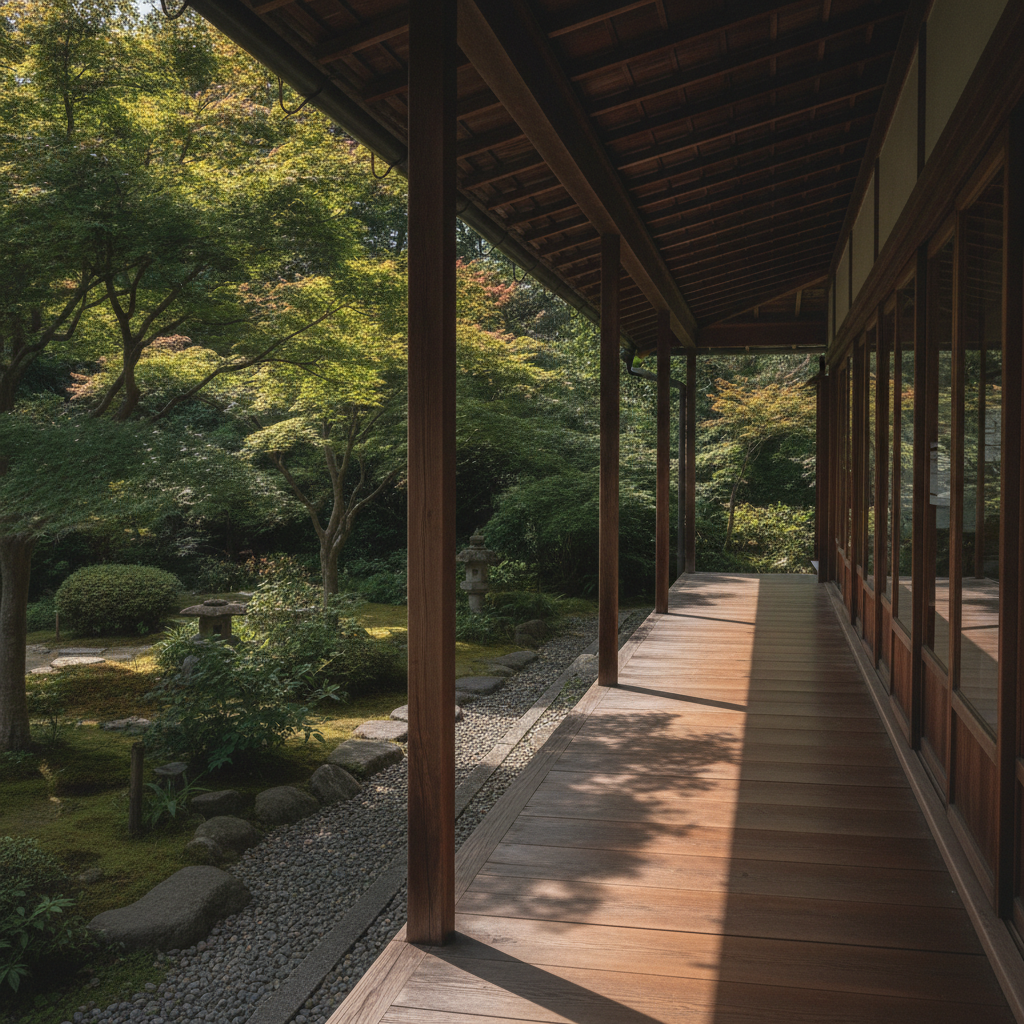 深い軒の影が落ちる涼やかな縁側の風景