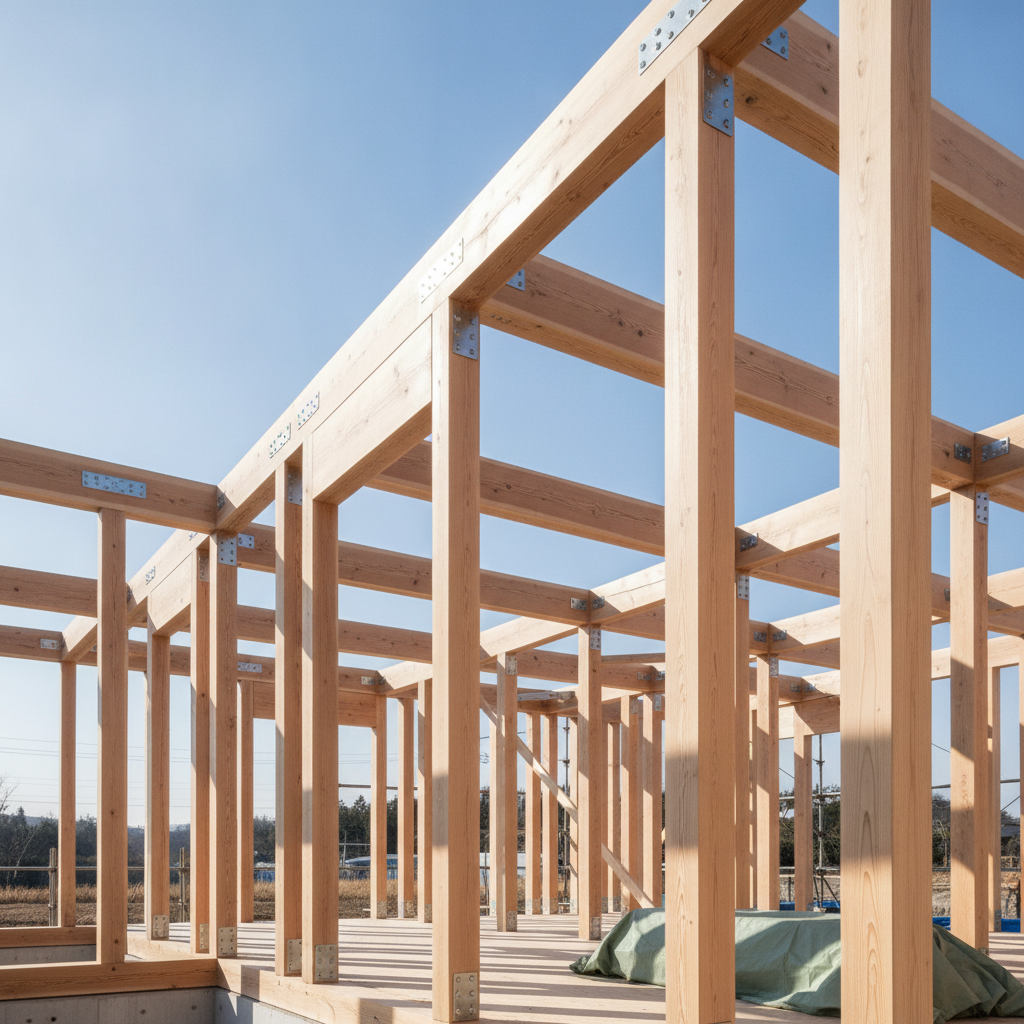 建築中の木造住宅の構造躯体。柱と梁が青空を背景に組み上がっている