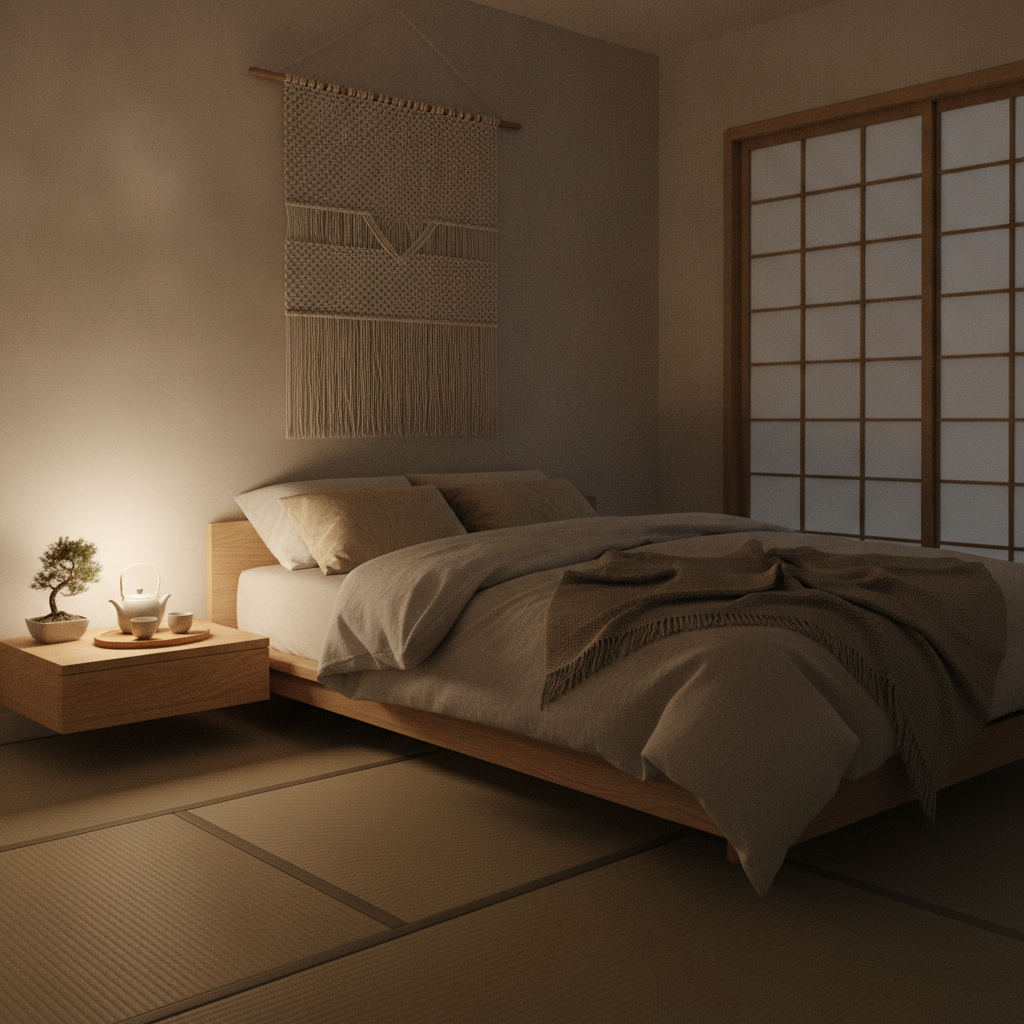 やわらかなあかりに包まれた、やすらぐ夜の寝室