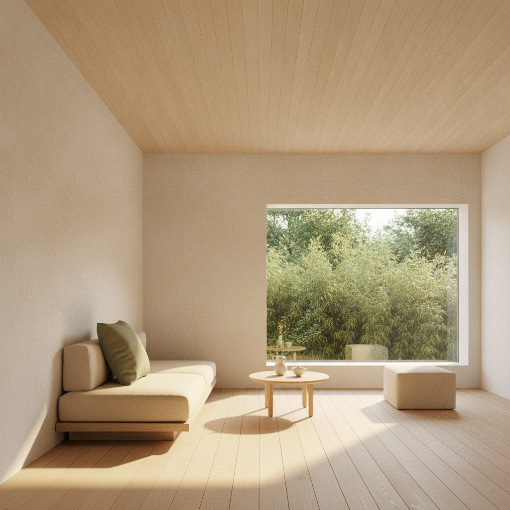 木の天井と白い壁が続く、完成した住まいの静かなリビング