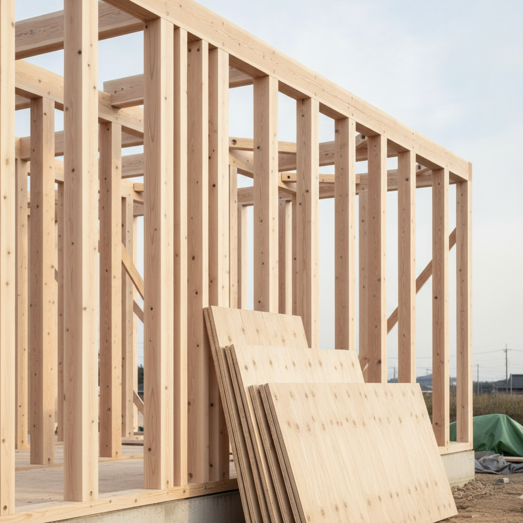 建築中の木造住宅の骨組み。柱と梁が組まれ、やわらかな日が差している
