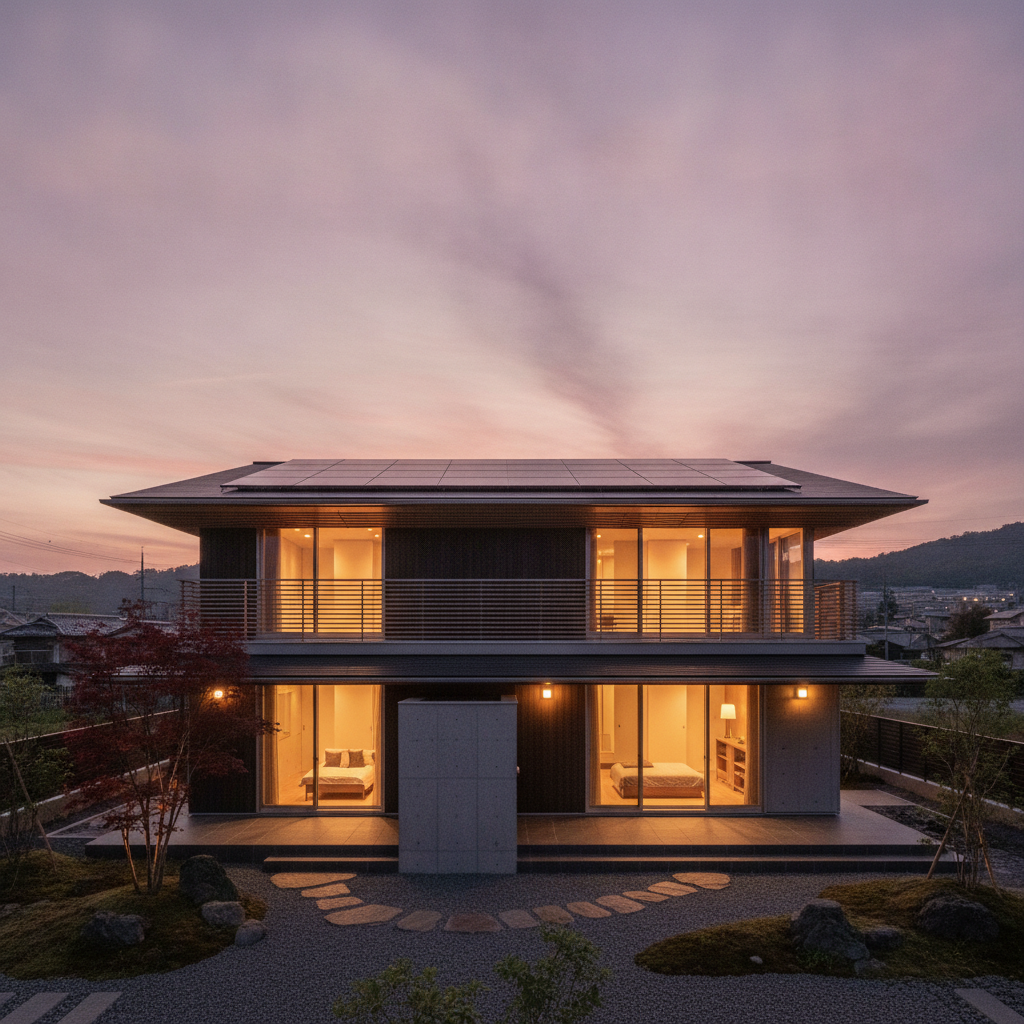 夕暮れにあかりの灯る省エネ住宅と太陽光パネルの屋根
